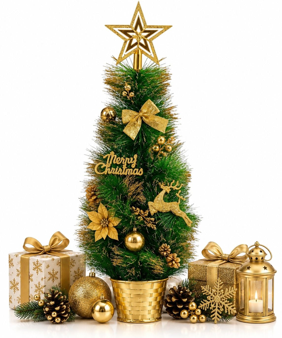 Brad Decorativ de Crăciun în Ghiveci Auriu 57cm, cu Stea Strălucitoare și Ornamente Festive