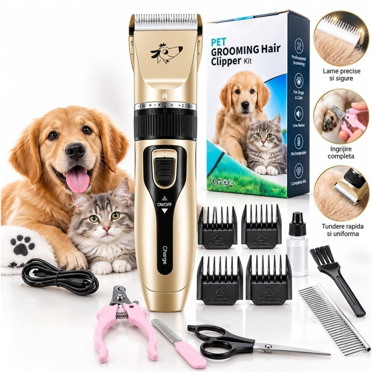 Kit Profesional de Tuns Câini și Pisici Reîncărcabil USB, 4 Distanțiere, Foarfecă, Clește Unghii & Accesorii