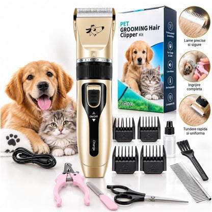 Kit Profesional de Tuns Câini și Pisici Reîncărcabil USB, 4 Distanțiere, Foarfecă, Clește Unghii & Accesorii