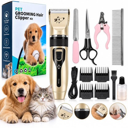 Kit Profesional de Tuns Câini și Pisici Reîncărcabil USB, 4 Distanțiere, Foarfecă, Clește Unghii & Accesorii