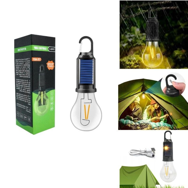 Bec Portabil Camping & Grădină 19cm, Impermeabil IP65 cu Panou Solar și Încărcare USB + Cârlig