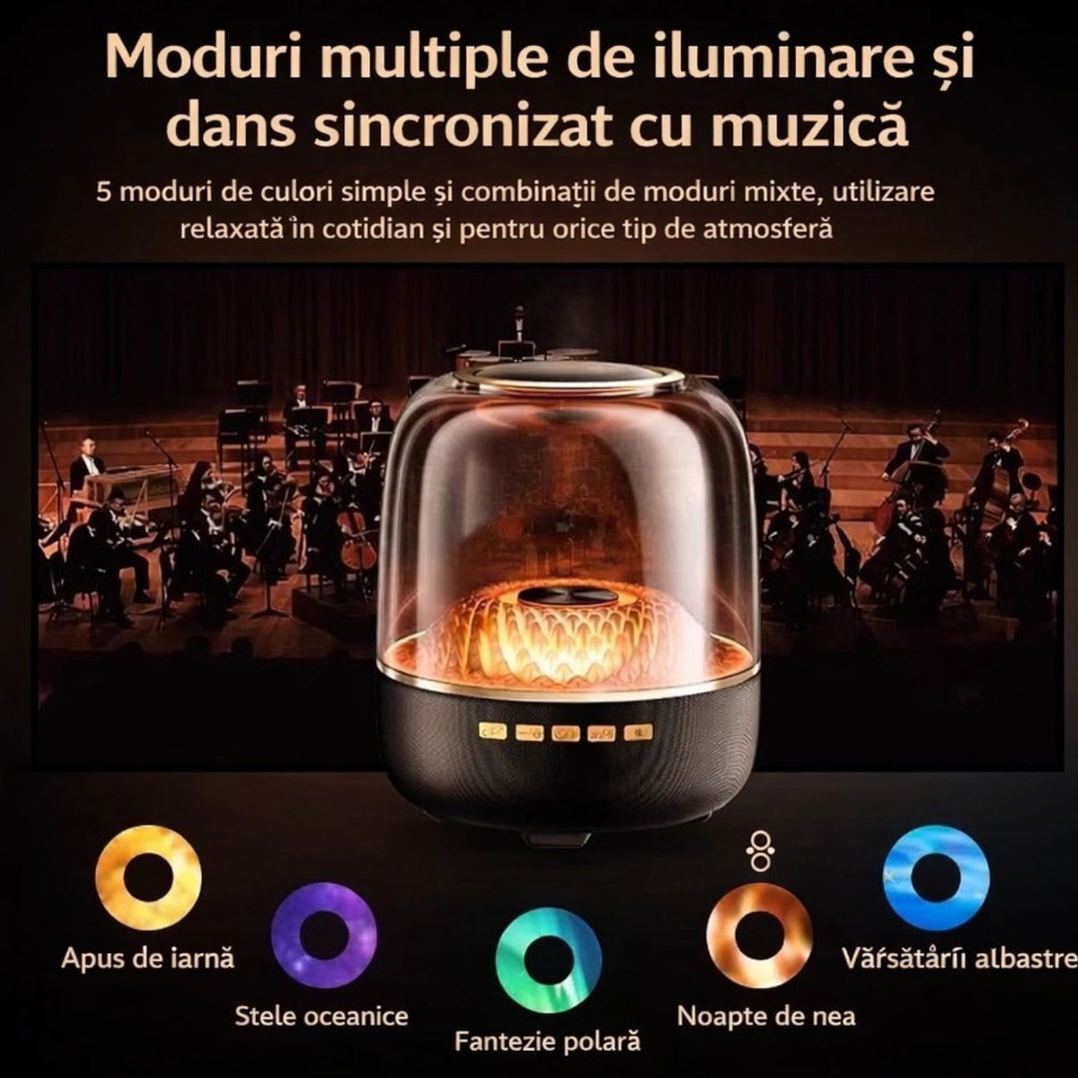 Boxă Audio Bluetooth Portabilă 13x11cm Design Cristal Acustic, Lumini LED RGB Multicolore și USB-C