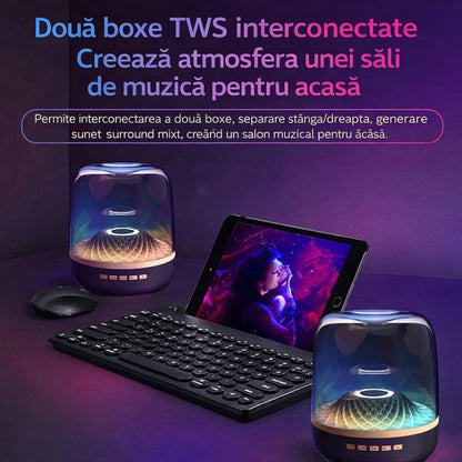 Boxă Audio Bluetooth Portabilă 13x11cm Design Cristal Acustic, Lumini LED RGB Multicolore și USB-C