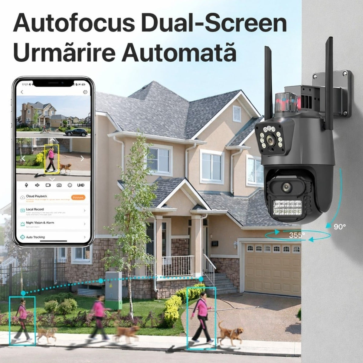 Cameră de Supraveghere 4G cu Cartelă SIM și Lentilă Dublă Dual-Lens 360°, Vedere Nocturnă Color & Alarmă