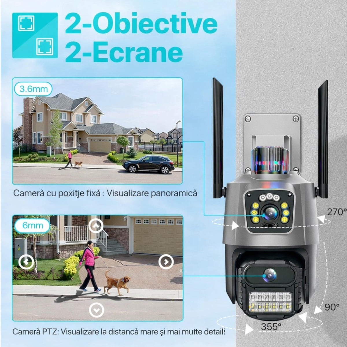 Cameră de Supraveghere 4G cu Cartelă SIM și Lentilă Dublă Dual-Lens 360°, Vedere Nocturnă Color & Alarmă
