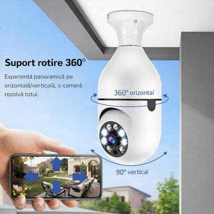 Cameră de Supraveghere Wi-Fi Panoramică Tip Bec E27, Rotire 360°, Vedere Nocturnă și Audio Bidirecțional