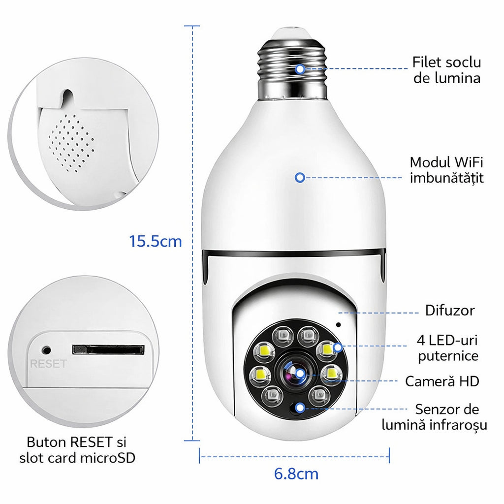 Cameră de Supraveghere Wi-Fi Panoramică Tip Bec E27, Rotire 360°, Vedere Nocturnă și Audio Bidirecțional