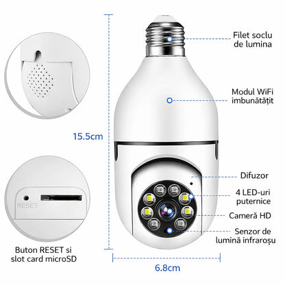 Cameră de Supraveghere Wi-Fi Panoramică Tip Bec E27, Rotire 360°, Vedere Nocturnă și Audio Bidirecțional
