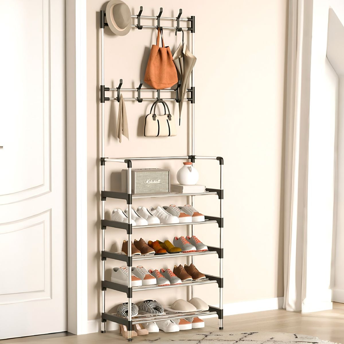 Cuier Multifuncțional cu Rafturi Pantofi 171x60cm, Cârlige pentru Haine și Structură Metalică Robustă