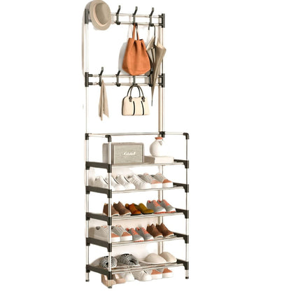 Cuier Multifuncțional cu Rafturi Pantofi 171x60cm, Cârlige pentru Haine și Structură Metalică Robustă