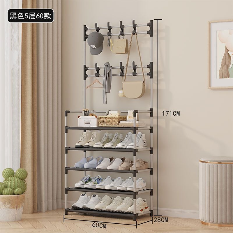 Cuier Multifuncțional cu Rafturi Pantofi 171x60cm, Cârlige pentru Haine și Structură Metalică Robustă