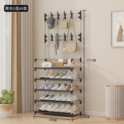 Cuier Multifuncțional cu Rafturi Pantofi 171x60cm, Cârlige pentru Haine și Structură Metalică Robustă