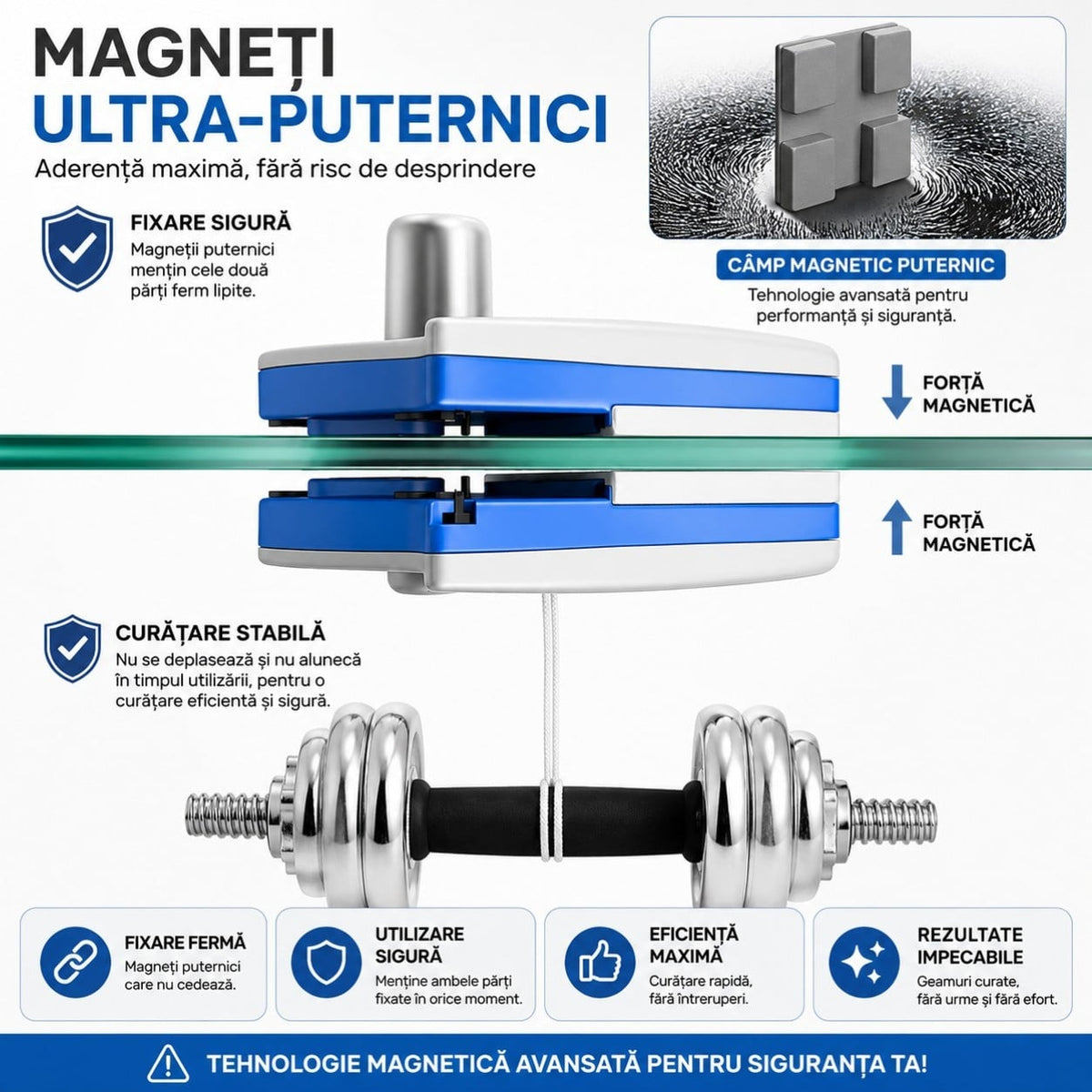 Curățător Magnetic pentru Geamuri Dublă Față 16x13.5cm, cu Șnur de Siguranță și Bureți de Rezervă