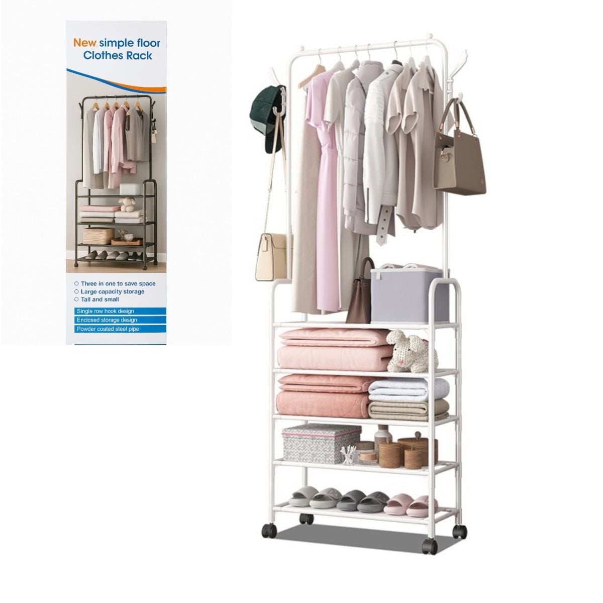 Dulap Organizator Metalic Mobil 60x29x170cm pe Roți, cu Bară Umerașe și 5 Rafturi Depozitare