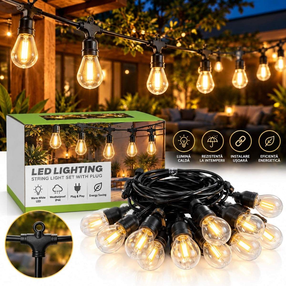 Ghirlandă Luminoasă LED 5m cu 10 Becuri Vintage, Lumină Caldă, Interconectabilă Exterior IP44