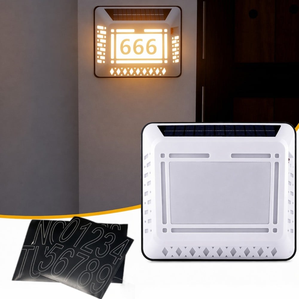 Lampă Solară Număr Casă 20x17.5cm, Iluminare LED Alb Rece, Panou Solar & Cifre/Litere Autocolante Incluse