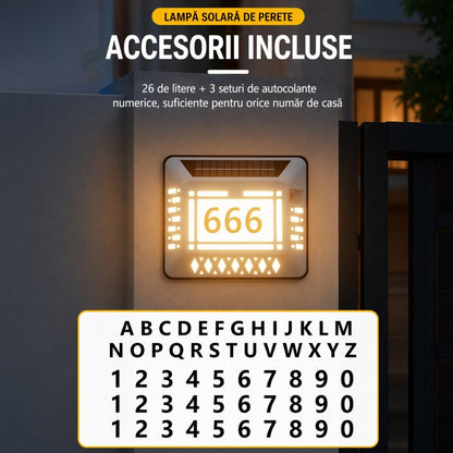 Lampă Solară Număr Casă 20x17.5cm, Iluminare LED Alb Rece, Panou Solar & Cifre/Litere Autocolante Incluse