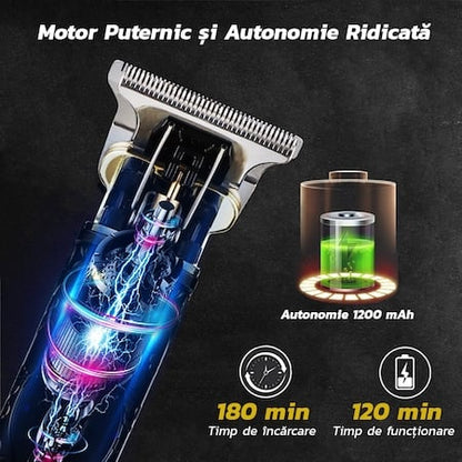 Mașină Profesională de Tuns și Conturat Barba T-Blade Skeleton Metalic cu Acumulator USB
