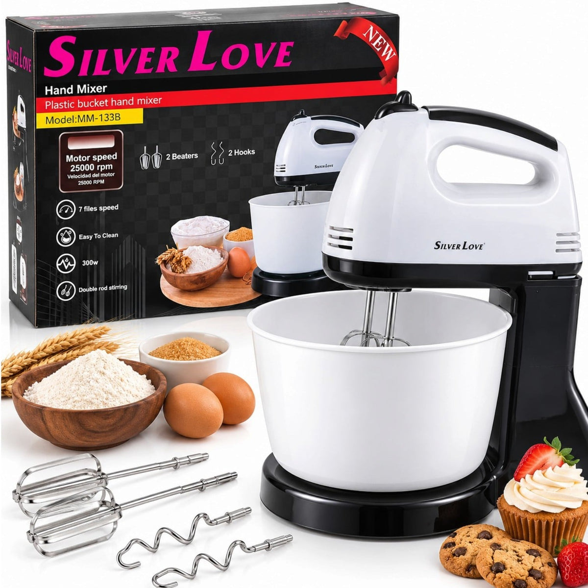 Mixer Electric cu Bol Rotativ 2L, 300W, 7 Trepte de Viteză, 2 Țeluri și 2 Cârlige de Aluat