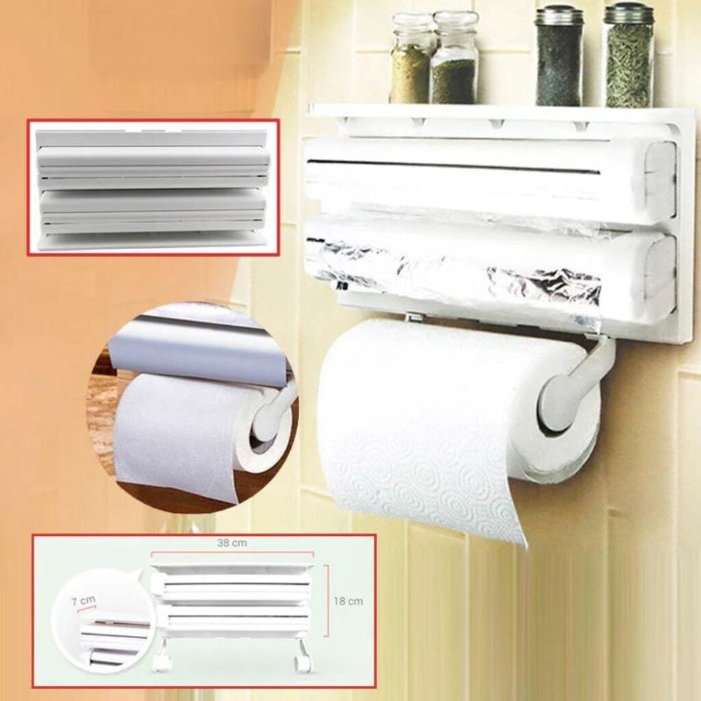 Organizator Dispenser Triplu de Bucătărie de Perete pentru Role, Folie și Hârtie