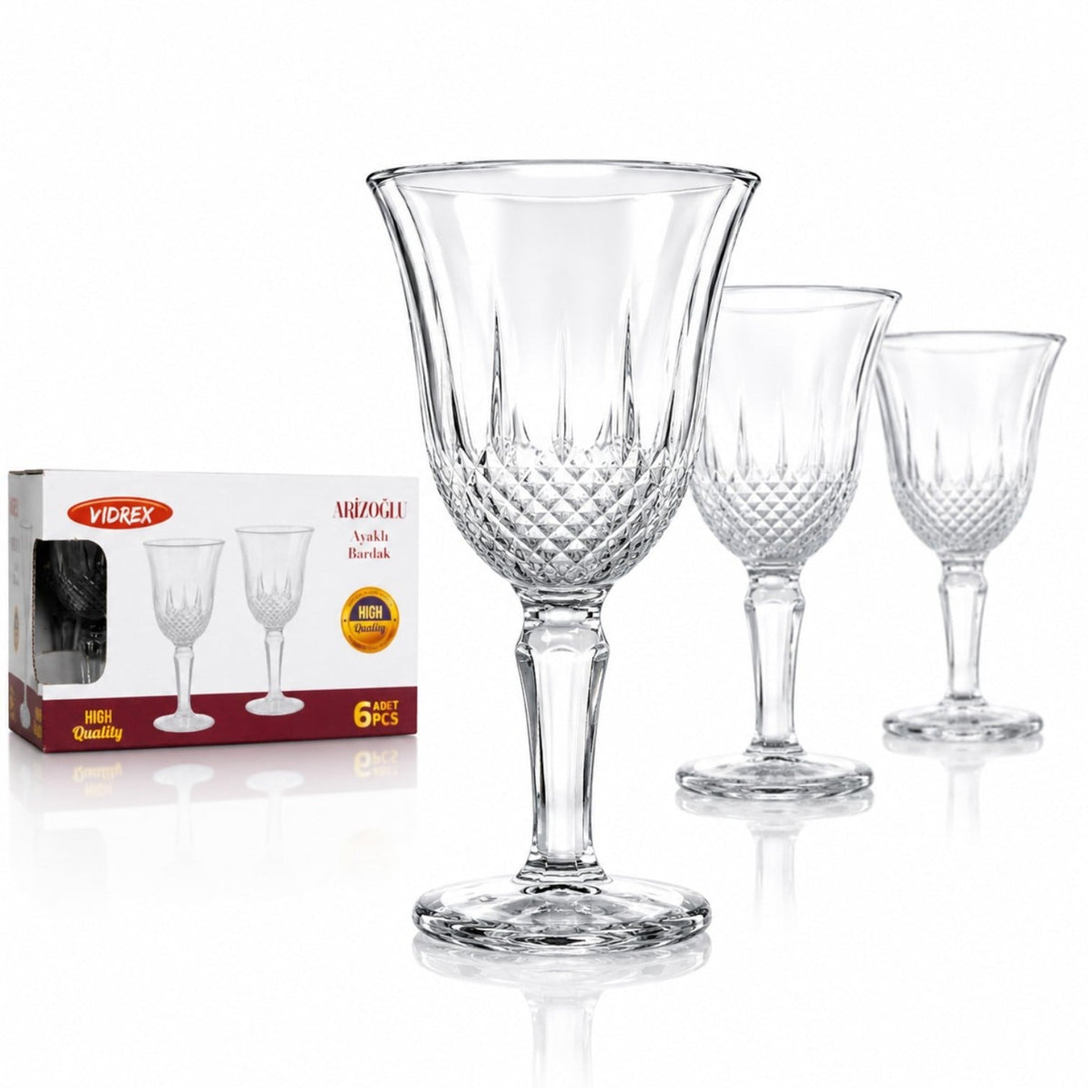 Set 6 Pahare din Sticlă Cristal Embosată cu Picior 10cm, Design Clasic Vintage Transparent