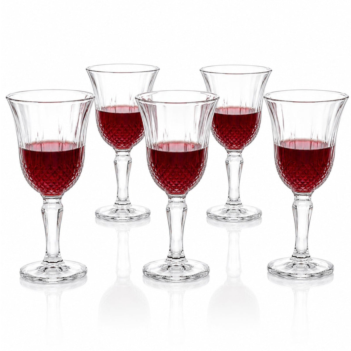 Set 6 Pahare din Sticlă Cristal Embosată cu Picior 10cm, Design Clasic Vintage Transparent