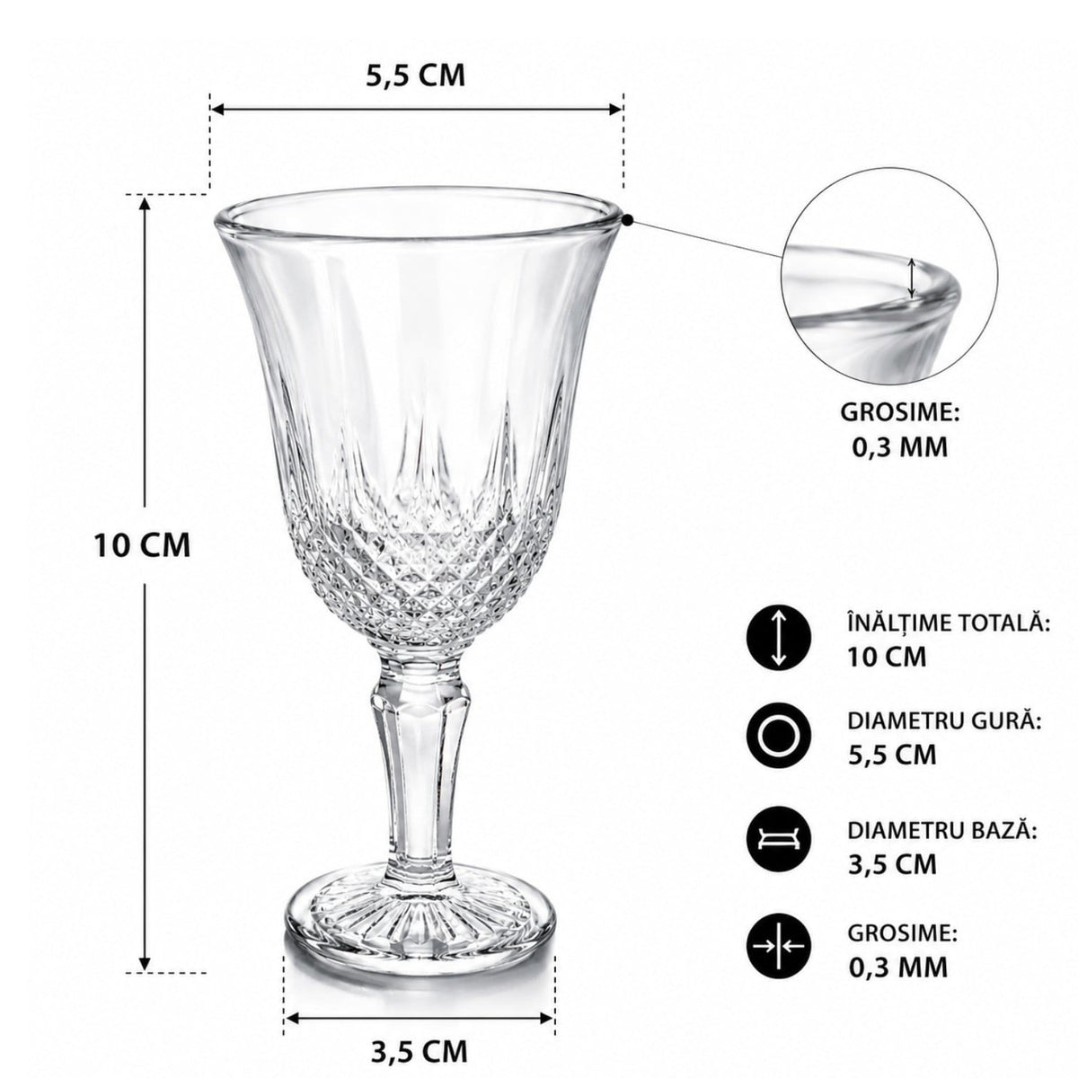 Set 6 Pahare din Sticlă Cristal Embosată cu Picior 10cm, Design Clasic Vintage Transparent