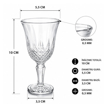 Set 6 Pahare din Sticlă Cristal Embosată cu Picior 10cm, Design Clasic Vintage Transparent