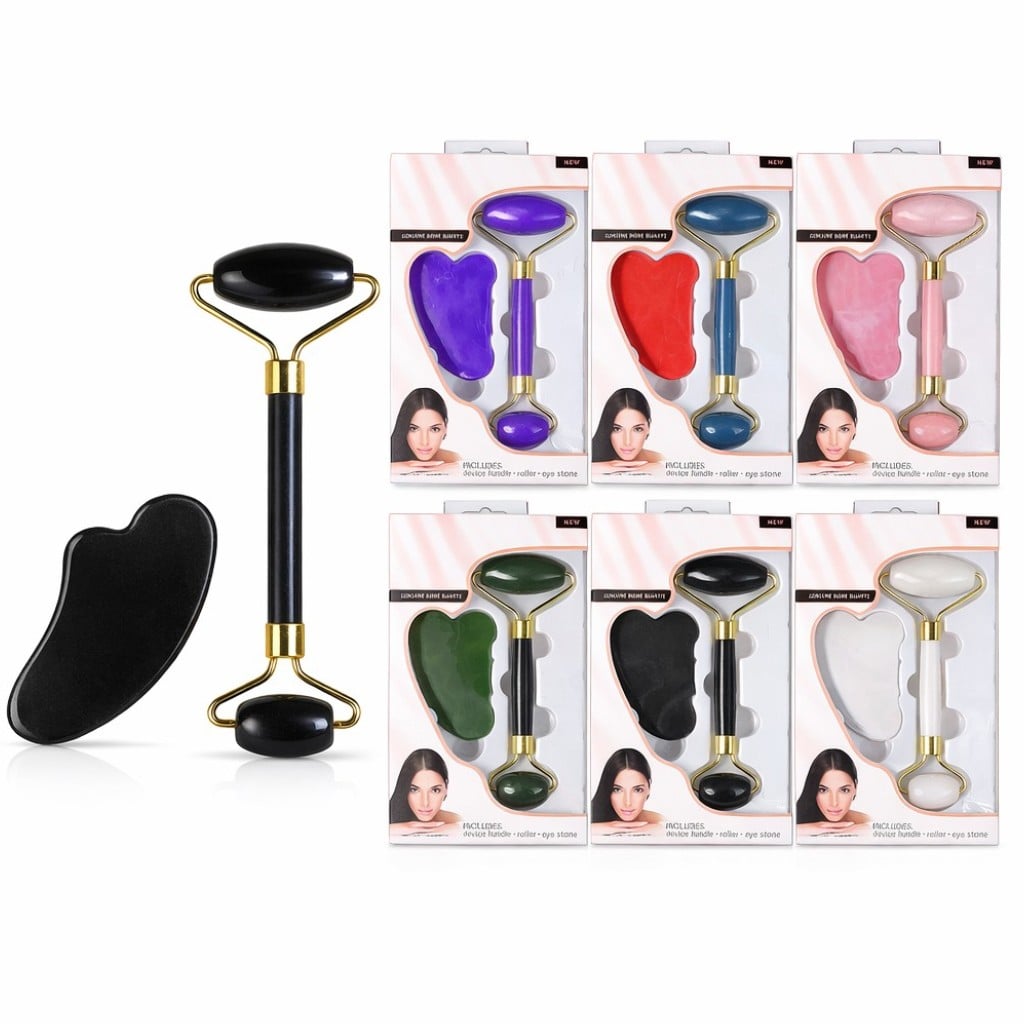 Set Premium Rulou Facial de Jad & Piatră Gua Sha 14.5cm pentru Masaj și Drenaj Limfatic