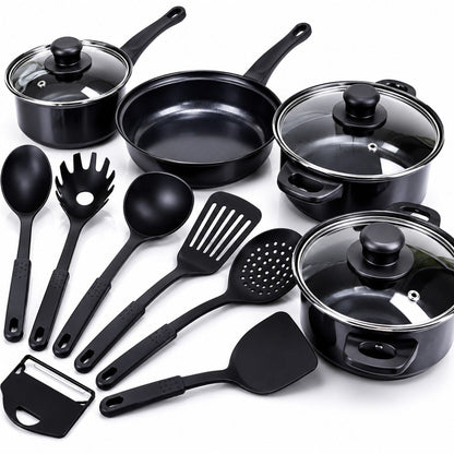 Set Vase de Gătit 13 Piese Antiaderente: 3 Oale, Tigaie, 3 Capace Sticlă și 6 Ustensile Bucătărie