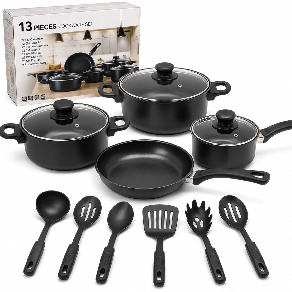 Set Vase de Gătit 13 Piese Antiaderente: 3 Oale, Tigaie, 3 Capace Sticlă și 6 Ustensile Bucătărie