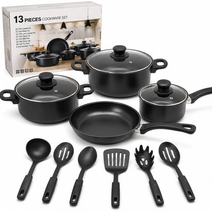 Set Vase de Gătit 13 Piese Antiaderente: 3 Oale, Tigaie, 3 Capace Sticlă și 6 Ustensile Bucătărie