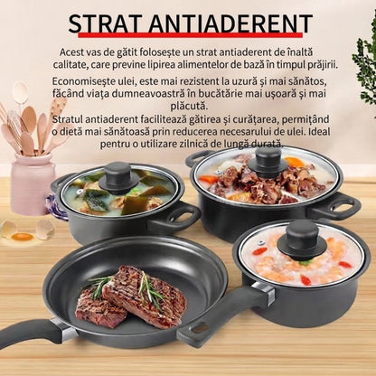 Set Vase de Gătit 13 Piese Antiaderente: 3 Oale, Tigaie, 3 Capace Sticlă și 6 Ustensile Bucătărie