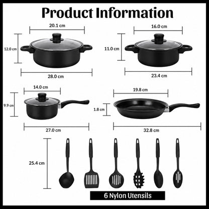 Set Vase de Gătit 13 Piese Antiaderente: 3 Oale, Tigaie, 3 Capace Sticlă și 6 Ustensile Bucătărie