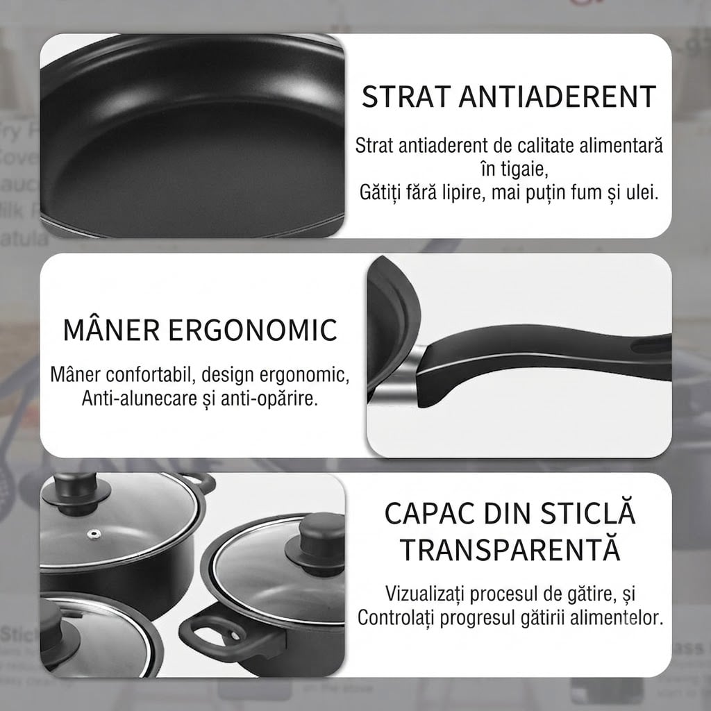 Set Vase de Gătit 13 Piese Antiaderente: 3 Oale, Tigaie, 3 Capace Sticlă și 6 Ustensile Bucătărie