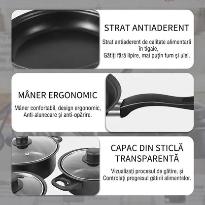 Set Vase de Gătit 13 Piese Antiaderente: 3 Oale, Tigaie, 3 Capace Sticlă și 6 Ustensile Bucătărie