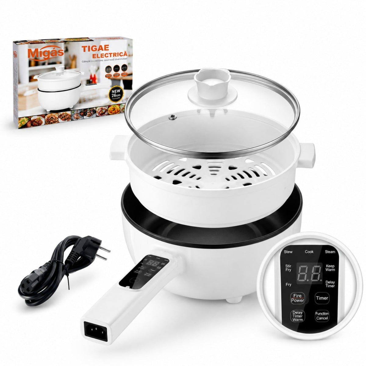 Tigaie Electrică Multifuncțională 26cm cu Tavă Gătire la Abur, Înveliș Ceramic Antiaderent și Afișaj Digital LCD