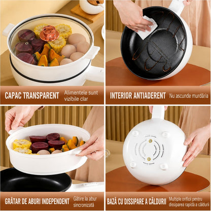 Tigaie Electrică Multifuncțională 26cm cu Tavă Gătire la Abur, Înveliș Ceramic Antiaderent și Afișaj Digital LCD