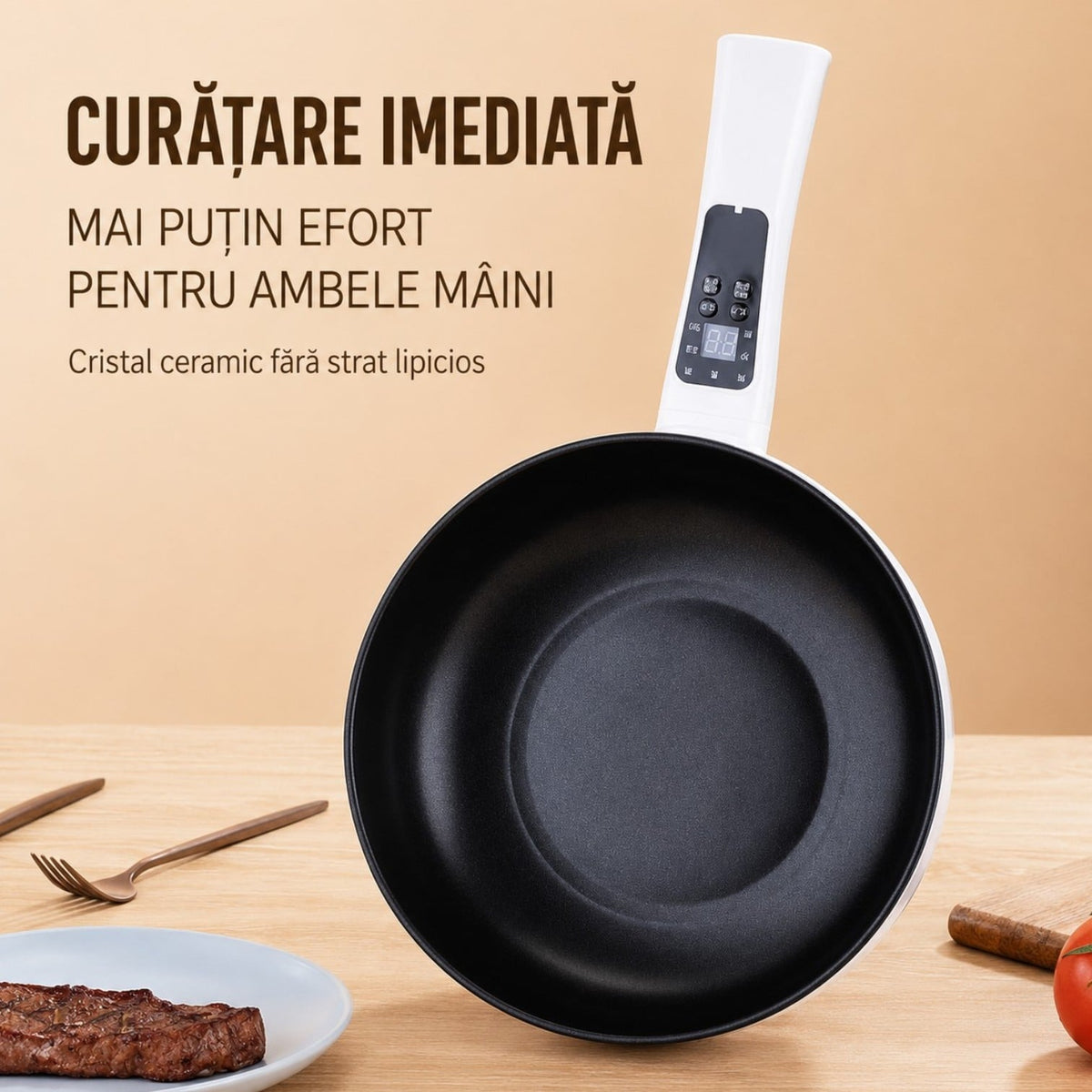 Tigaie Electrică Multifuncțională 26cm cu Tavă Gătire la Abur, Înveliș Ceramic Antiaderent și Afișaj Digital LCD