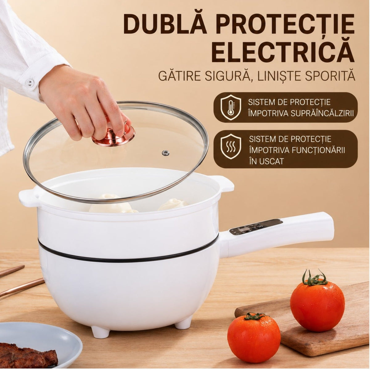 Tigaie Electrică Multifuncțională 26cm cu Tavă Gătire la Abur, Înveliș Ceramic Antiaderent și Afișaj Digital LCD