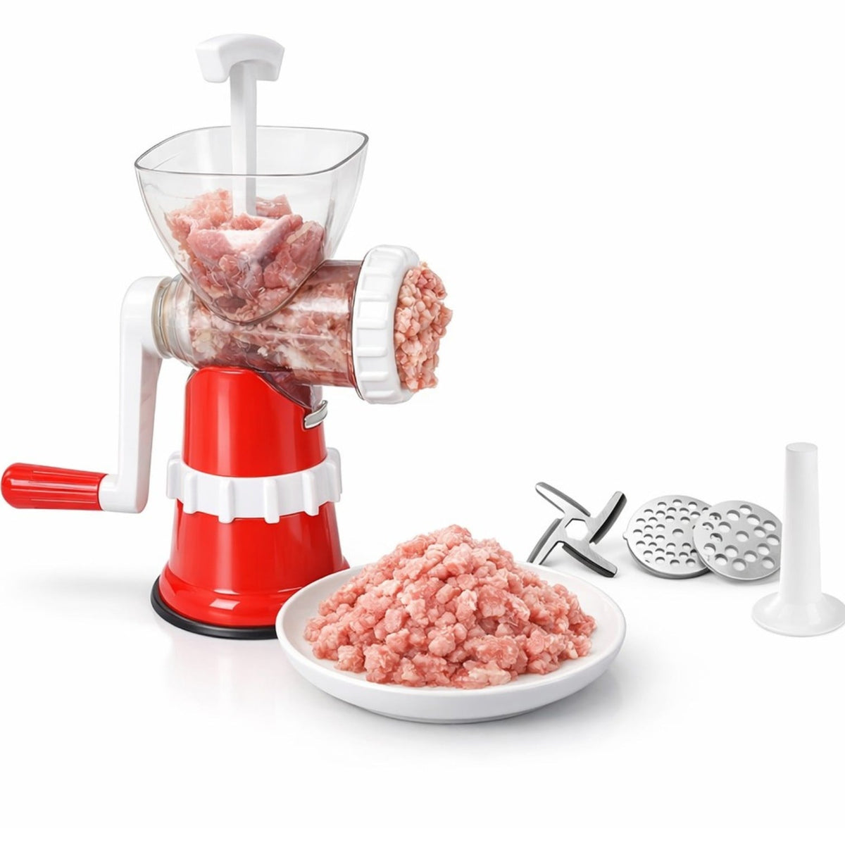 Tocător Manual de Carne și Legume 24x15cm cu Ventuză Fixare, Lame Inox și Pâlnie Cârnați Inclusă