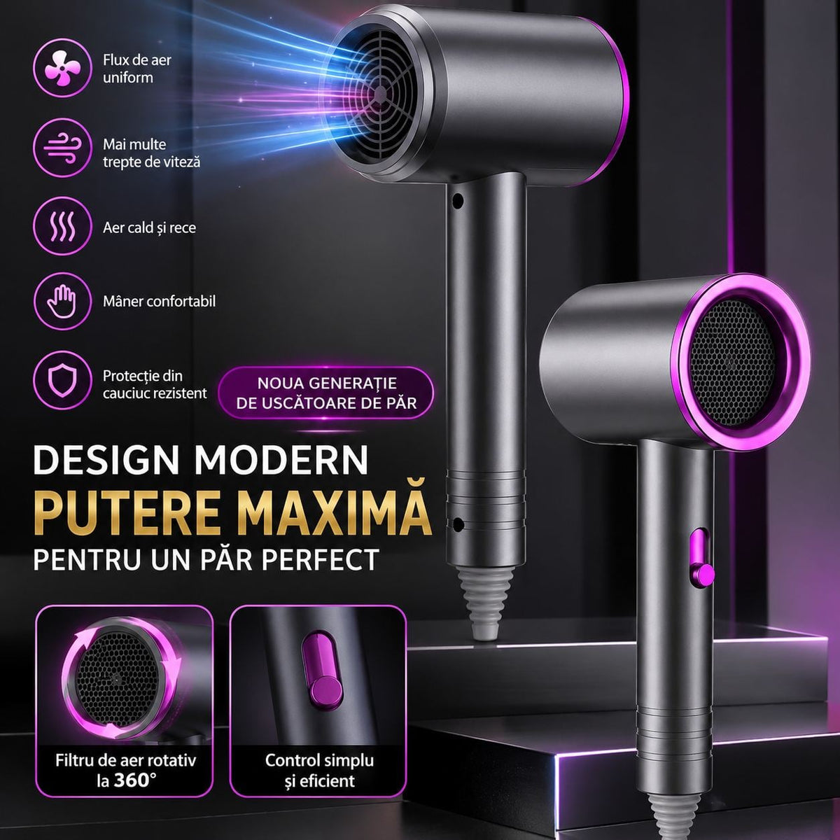 Uscător de Păr Profesional 23x15cm cu Aer Cald și Rece, Difuzor Rotativ 360° și Flux Puternic