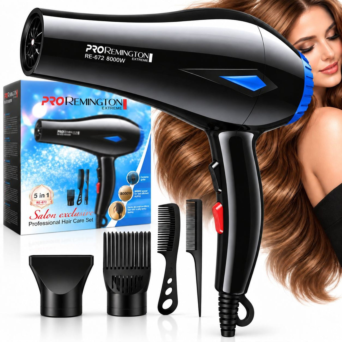 Uscător de Păr Profesional Ionic Salon Pro 8000W cu 5 Accesorii de Coafare și Difuzor Volum