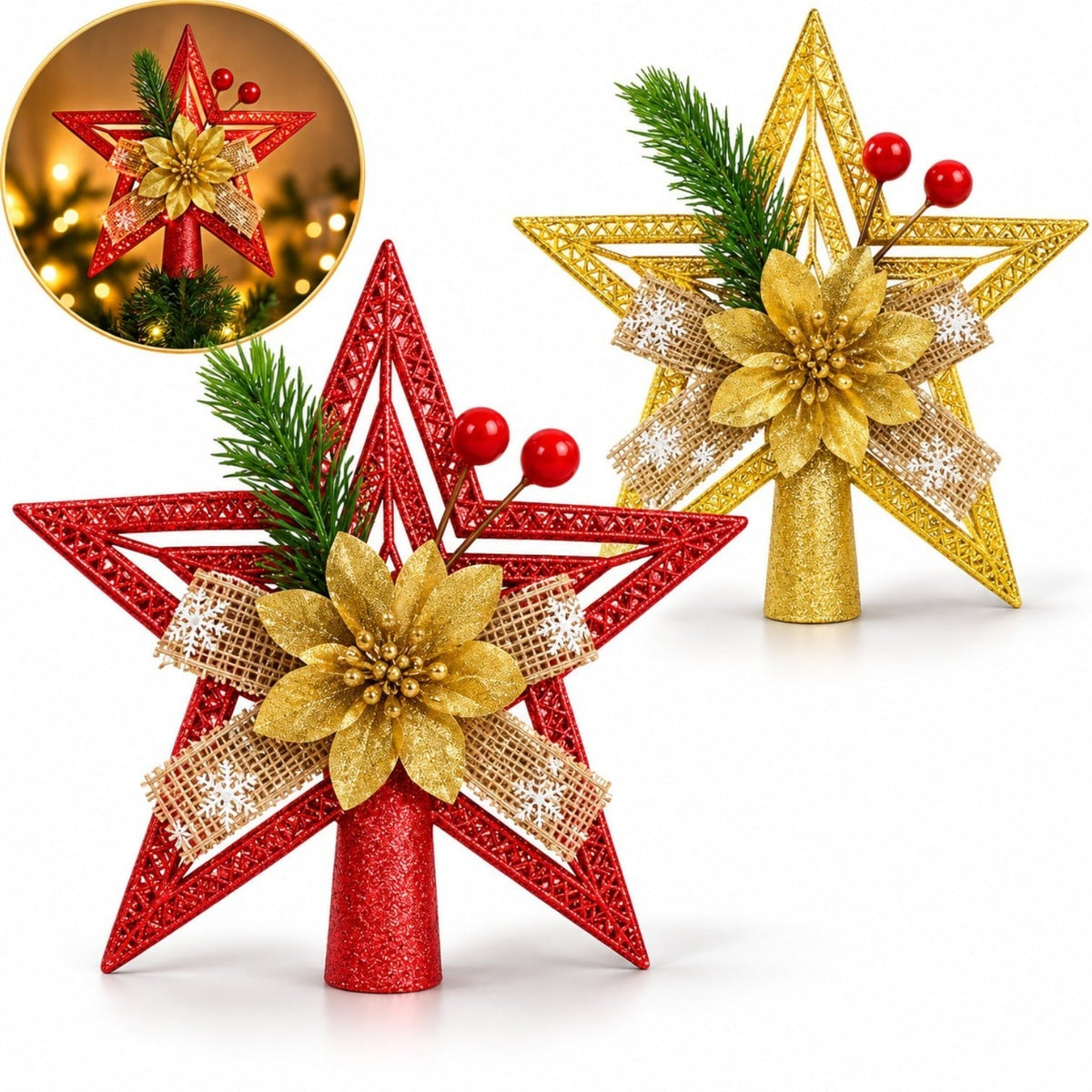 Vârf Decorativ de Brad 12x12cm Stea Strălucitoare cu Fundiță Festivă, Crenguță Brad și Merișoare